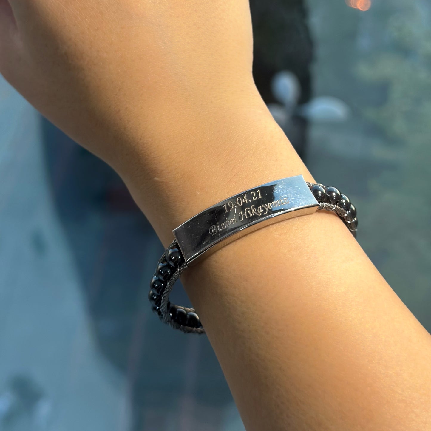 Bracciale in acciaio con pietra ematite (Unisex)